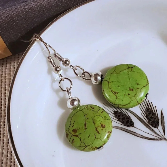 Handcrafted Silver and Green Magnesite Gemstone Puffed Coin Dangle Earrings - Picture 5 of 7